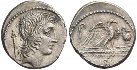 Q. Cassius Longinus. Denarius 55, AR 4.02 g. Head of Genius Populi Romani r.; sceptre over shoulder. Rev. Eagle on thunderbolt r.; in l. field, lituus...