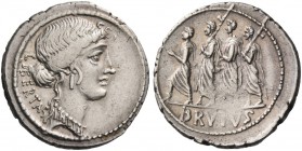 M. Iunius Brutus. Denarius 54, AR 3.74 g. LIBERTAS Head of Libertas r. Rev. The consul L. Junius Brutus walking l. between two lectors preceded by an ...