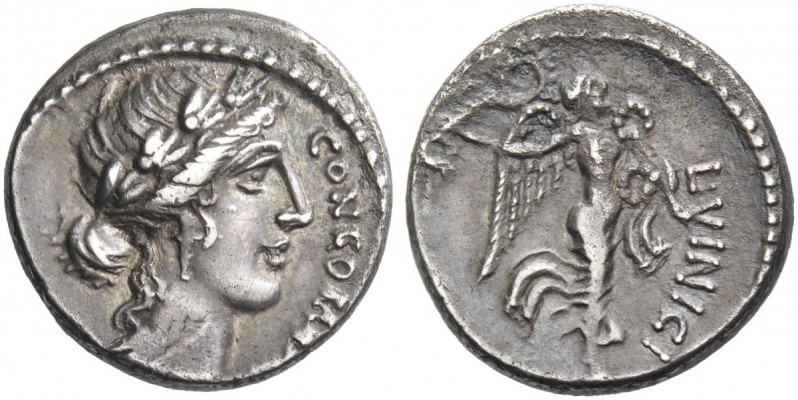L. Vinicius. Denarius 52, AR 3.77 g. CONCORDIAE Laureate head of Concordia r. Re...
