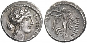 L. Vinicius. Denarius 52, AR 3.77 g. CONCORDIAE Laureate head of Concordia r. Rev. L·VINICI Victory walking r., carrying palm branch decorated with fo...