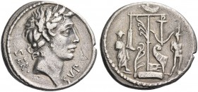 Servius Sulpicius. Denarius 51, AR 3.98 g. SER· – SVLP Laureate head of Apollo r. Rev. Naval trophy between a clothed figure on l. and a Macedonian ca...