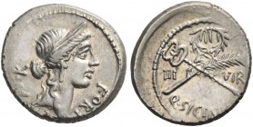 Q. Sicinius. Denarius 49, AR 4.03 g. FORT – P·R Diademed head of Fortuna Populi Romani r. Rev. Palm branch tied with fillet and winged caduceus in sal...