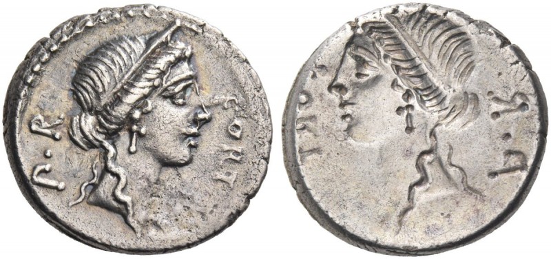 Q. Sicinius. Brockage denarius 49. AR 3.96 g. FORT – P·R Diademed head of Fortun...