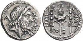 Cn. Nerius, L. Lentulus, Claudius Marcellus. Denarius 49. AR 3.73 g. NERI·Q·VRB Head of Saturn r., with harpa over shoulder. Rev. L·LENT – C·MARC Legi...