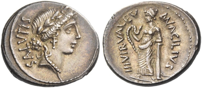 Mn. Acilius Glabrio. Denarius 49, AR 3.83 g. SALVTIS (upwards) Laureate head of ...