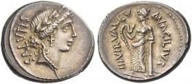 Mn. Acilius Glabrio. Denarius 49, AR 3.83 g. SALVTIS (upwards) Laureate head of Salus r. Rev. MN·ACILIVS – III·VIR·VALETV Valetudo standing l., restin...