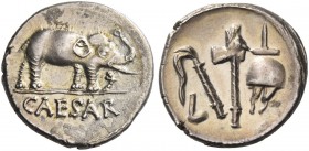 Iulius Caesar. Denarius, Gallia Narbonensis, Hispania Citerior 49. AR 3.90 g. Pontifical emblems: culullus, aspergillum, axe and apex. Rev. Elephant r...