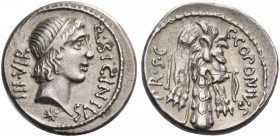 Q. Sicinius and C. Coponius. Denarius, mint moving with Pompey 49, AR 3.92 g. Q·SICINIVS – III·VIR Head of Apollo r., hair tied with band; below, star...