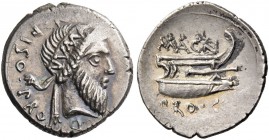 Cn. Pompeius Magnus and Cn. Calpurnius Piso. Denarius, mint moving with Pompey 49, AR 3.75 g. CN·PISO·PRO – Q Bearded head of Numa Pompilius r., weari...