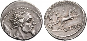 L. Hostilius Saserna. Denarius 48, AR 3.95 g. Bearded male head r.; behind, Gallic shield. Rev. L·HOSTIL[IVS] Naked Gallic warrior in fast biga driven...