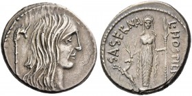 L. Hostilius Saserna. Denarius 48, AR 4.13 g. Female head r. with long hair; behind, carnix. Rev. L·HOSTILIVS – SASERNA Artemis standing facing, holdi...