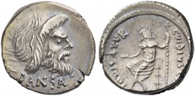 C. Vibius C.f. C.n. Pansa Caetronianus. Denarius 48, AR 4.09 g. Mask of bearded Pan r.; below, PANSA. Rev. Jupiter seated l., holding patera and scept...