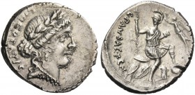 C. Vibius C.f. Cn. Pansa Caetronianus. Denarius 48, AR 3.64 g. LIBERTATIS Laureate head of Libertas r. Rev. C·PANSA·C:F.C·[N] Roma seated r. on pile o...