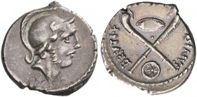 D. Iunius Brutus Albinus. Denarius 48, AR 3.68 g. Helmeted head of young Mars r. Rev. [AL]BINVS – BRVTI·F Two Gaulish trumpets in saltire; above, oval...