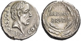 D. Iunius Brutus Albinus. Denarius 48, AR 4.03 g. A·POSTVMIVS – COS Bare head of A. Postumius r. Rev. ALBINV / BRVTI·F within wreath of corn ears. Bab...
