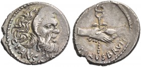 Albinus Bruti f. and C. Vibius C. f. C. n. Pansa Caetronianus. Denarius 48, AR 3.92 g. Mask of bearded Pan r.; below, C PANSA. Rev. Two clasped hands ...
