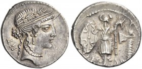 Iulius Caesar. Denarius, Illyria (Apollonia?) early spring to mid 48, AR 3.88 g. Female head r., wearing diadem and oak-wreath; behind, TII. Rev. CAE ...