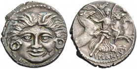 L. Plautius Plancus. Denarius 47, AR 3.83 g. Head of Medusa facing with coiled snakes on either side; below, L·PLAVTIVS. Rev. Victory facing, holding ...
