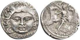 L. Plautius Plancus. Denarius 47, AR 3.78 g. Head of Medusa facing with dishevelled hair; below, L·PLAVTIVS. Rev. Victory facing, holding palm branch ...