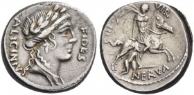 A. Licinius Nerva. Denarius 47, AR 4.08 g. A·LICINIVS – FIDES Laureate head of Fides r. Rev. ·III – VIR Horseman galloping r., with r. hand dragging b...