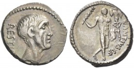 C. Antius C. f. Restio. Denarius 47, AR 3.61 g. RESTIO Head of C. Antius Restio r. Rev. C·ANTIVS·C·F Hercules walking r., with cloak over l., arm hold...