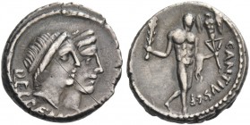 C. Antius C. f. Restio. Denarius 47, AR 4.02 g. Jugate heads of Dei Penates r.; below, DEI PENATES. Rev. C·ANTIVS·C·F Hercules walking r., with cloak ...