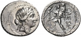 Iulius Caesar. Denarius, Asia 48-47, AR 3.81 g. Diademed head of Venus r. Rev. CAESAR Aeneas advancing l., carrying palladium in r. hand and Anchises ...