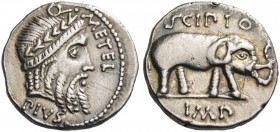 Q. Caecilius Metellus Pius Scipio. Denarius, Africa 47-46, AR 3.62 g. Q·METEL Laureate head of Jupiter r.; below, PIVS. Rev. SCIPIO Elephant r.; in ex...