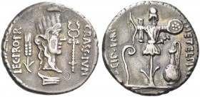 Q. Caecilius Metellus Pius Scipio and P. Licinius Crassus. Denarius, Africa 47-46, AR 3.86 g. CRASS·IVN – LEG·PRO·PR Turreted female head r.; above an...
