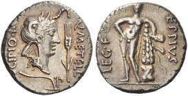 Q. Metellus Scipio and Eppius Legatus. Denarius, Africa 47-46, AR 3.81 g. Q·METELL – SCIPIO·IMP Laureate head of Africa r., wearing elephant skin; in ...