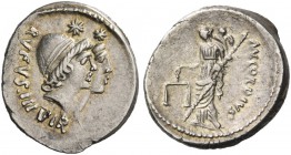 Mn. Cordius Rufus. Denarius 46, AR 3.62 g. RVFVS·III.VIR Jugate heads of Dioscuri r., wearing pilei decorated with fillet. Rev. MN. CORDIVS Venus stan...
