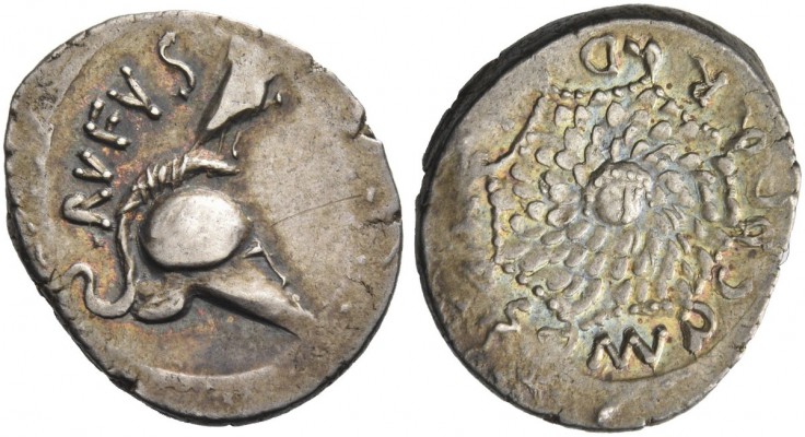 Mn. Cordius Rufus. Denarius 46, AR 3.51 g. RVFVS Owl perched on Corinthian helme...
