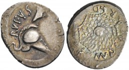 Mn. Cordius Rufus. Denarius 46, AR 3.51 g. RVFVS Owl perched on Corinthian helmet r. Rev. MN CORDIVS Aegis decorated with head of Medusa. Babelon Cord...