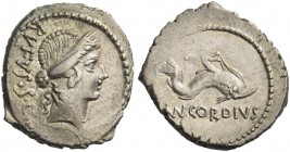 Mn. Cordius Rufus. Denarius 46, AR 4.06 g. RVFVS·S·C· Diademed head of Venus r. Rev. Cupid on dolphin r.; below, MN.CORDIVS. Babelon Cordia 3. Sydenha...