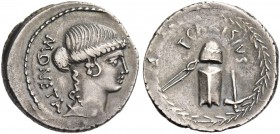 T. Carisius. Denarius 46, AR 3.70 g. MONETA Head of Iuno Moneta r. Rev. T·CARISIVS Coining implements. All within laurel wreath. Babelon Carisia 1. Sy...