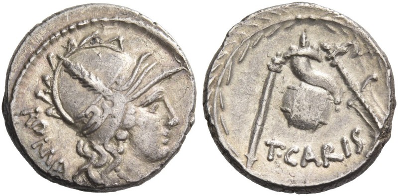 T. Carisius. Denarius 46, AR 3.66 g. Head of Roma r., wearing Attic helmet decor...
