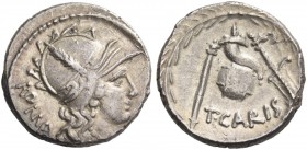 T. Carisius. Denarius 46, AR 3.66 g. Head of Roma r., wearing Attic helmet decorated with plume; behind, ROMA. Rev. Sceptre, cornucopia on globe and r...