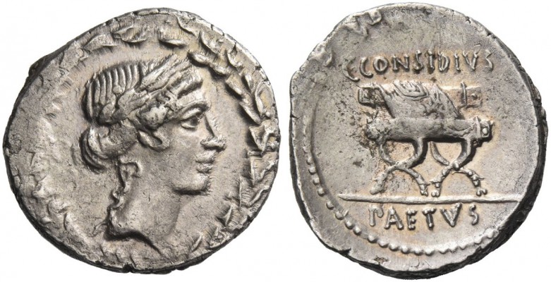 T. Considius Paetus. Denarius 46, AR 3.81 g. Laureate head of Apollo r. within l...