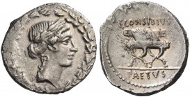 T. Considius Paetus. Denarius 46, AR 3.81 g. Laureate head of Apollo r. within laurel wreath. Rev. C·CONSIDIVS Curule chair on which lies wreath; in e...