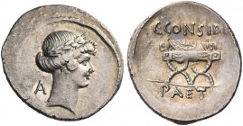 C. Considius Paetus. Denarius 46, AR 3.43 g. Laureate head of Apollo r.; behind, dotted border, A. Rev. C·CONSID[I] Curule chair on which lies wreath;...