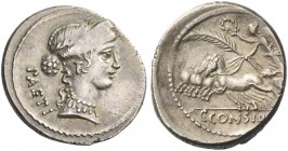 T. Considius Paetus. Denarius 46, AR 3.97 g. PAETI Laureate and diademed head of Venus r. Rev. Victory in prancing quadriga l., holding, wreath and pa...