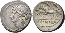 C. Considius Paetus. Denarius 46, AR 4.17 g. PAETI Laureate and diademed head of Venus l. Rev. Victory in prancing quadriga l., holding, wreath and pa...