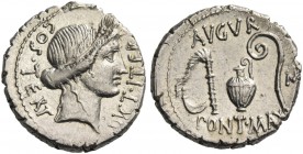 Iulius Caesar. Denarius, Sicily (?) 46, AR 3.98 g. COS·TERT – DICT·ITER Head of Ceres r., wearing wreath of barley. Rev. AVGVR Culullus, aspergillum, ...