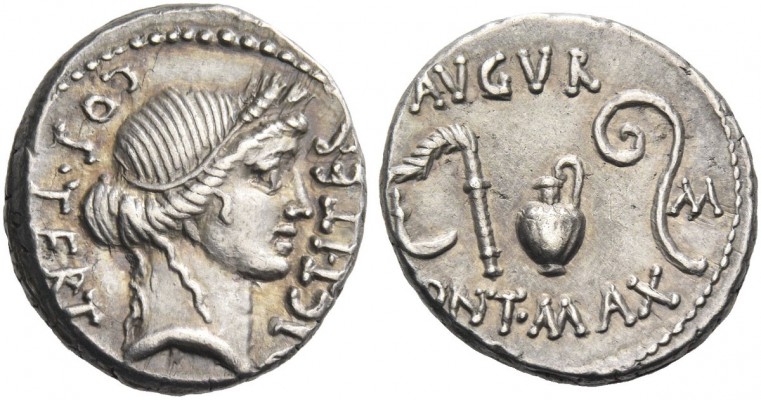Iulius Caesar. Denarius, Sicily (?) 46, AR 3.93 g. COS·TERT – DICT·ITER Head of ...