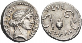Iulius Caesar. Denarius, Sicily (?) 46, AR 3.93 g. COS·TERT – DICT·ITER Head of Ceres r., wearing wreath of barley. Rev. AVGVR Culullus, aspergillum, ...