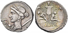 Iulius Caesar. Denarius, Spain 46-45, AR 3.84 g. Diademed head of Venus r.; behind, Cupid. Rev. Two captives seated at sides of trophy with oval shiel...
