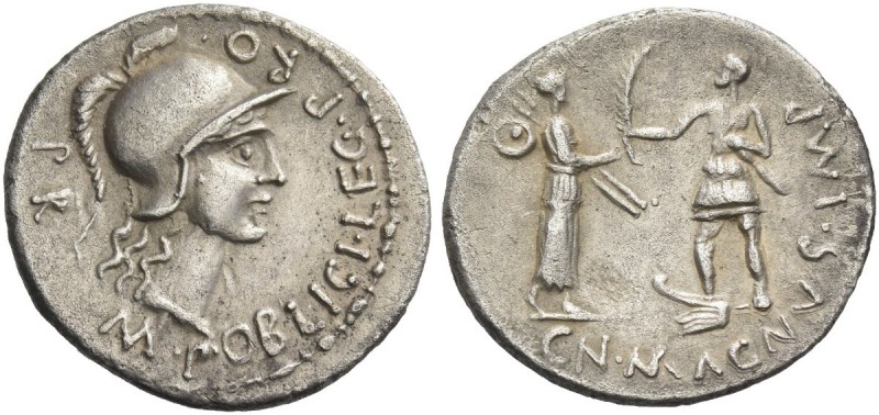 M. Poblicius for Cn. Pompeius Magnus. Denarius, Spain 46-45, AR 3.64 g. Helmeted...