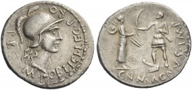 M. Poblicius for Cn. Pompeius Magnus. Denarius, Spain 46-45, AR 3.64 g. Helmeted head of Roma r.; before, M POBLICI LEG PRO; behind, PR. Rev. Female f...