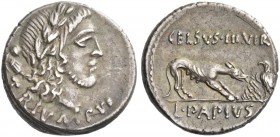 L. Papius Celsius. Denarius 45, AR 3.83 g. Laureate head of Triumphus r. with trophy over shoulder; below TRIVMPVS. Rev. CELSVS·III·VIR Wolf r., placi...