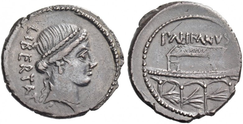 Lollius Palicanus. Denarius 45, AR 4.04 g. LIBERTATIS Diademed head of Libertas ...